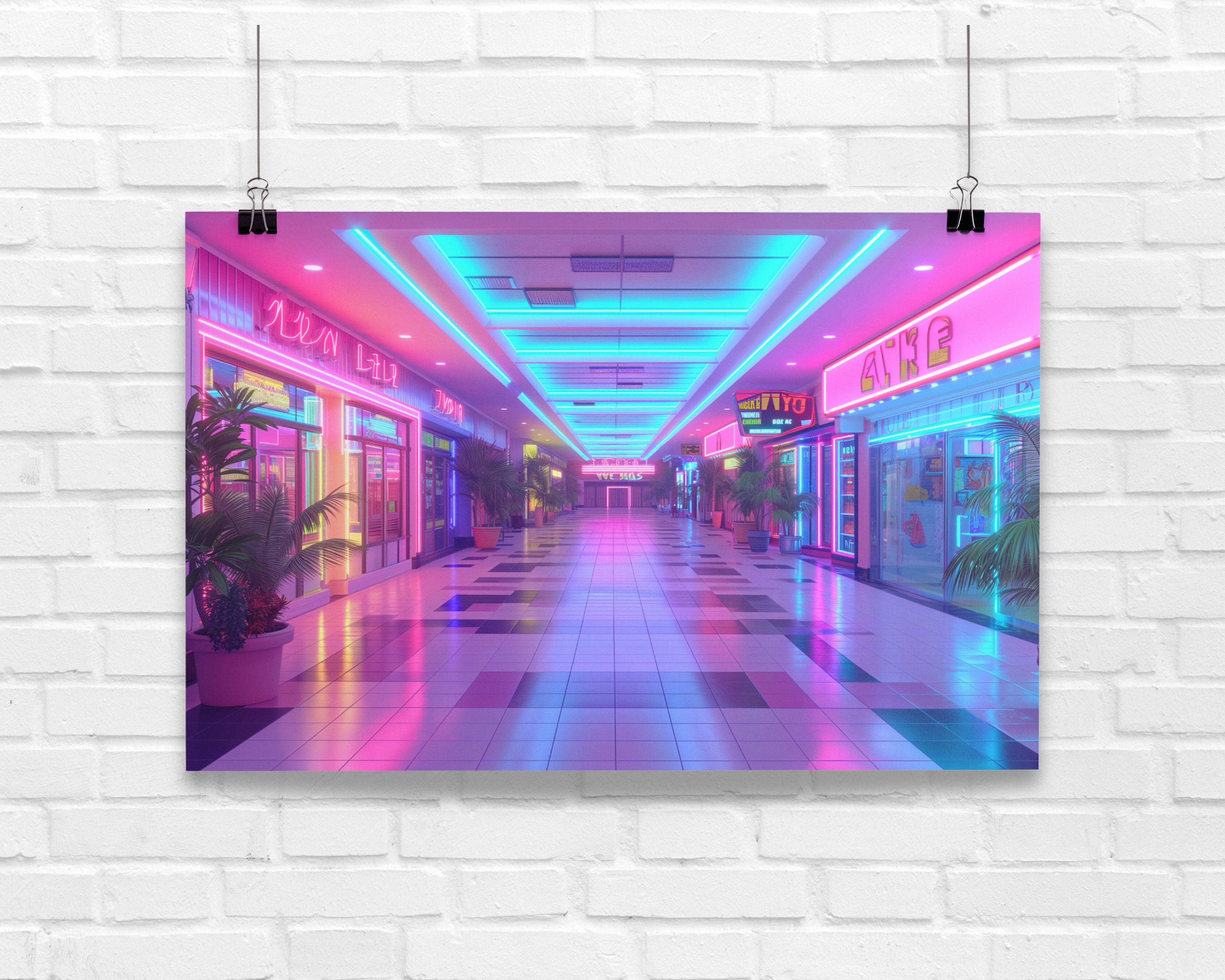 Retroposter - Cyberpunk op winkelcentrum geïnspireerde retrokunstdruk uit de jaren 80, jaren 80 vibes vaporwave esthetiek, cool gameroomdecor