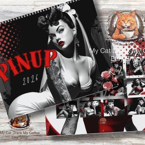 Vintage Pin Up Calendar 2026 - Black & White Retro Glam with Red Accents, Wall Art for Rockabilly and Tattoo Fans