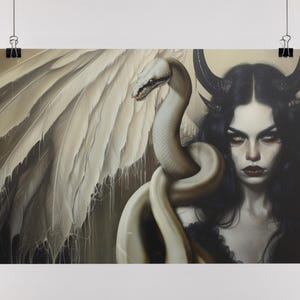 Lilith Goddess Art Print, Dark Goddess Wall Art, Winged Lilith with Horns and Serpent, Divine Feminine Wicca Shadow Work