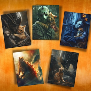 Conjunto de cartões de felicitações Horror Icons Cats - Cartões em branco com Michael Myers, Jason e Xenomorph para aniversários, Halloween