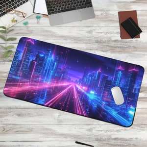 Cyberpunk Desk Mat - Gaming Desk Pad, Neon Futuristic City Office Accessory, Game Room Decor, Gamer Gift