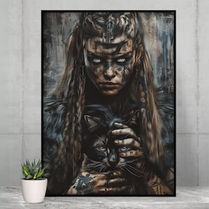 Freyja Goddess Art Print, Freyja Norse Goddess Viking Wall Art, Freya with Cat Pagan Decor for Norse Mythology Fans