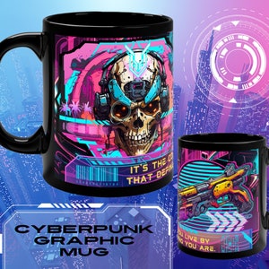 Cyberpunk Mug - Cool Vaporwave Skull Design, Futuristic Sci-Fi Coffee Cup, Unique Aesthetic Gift