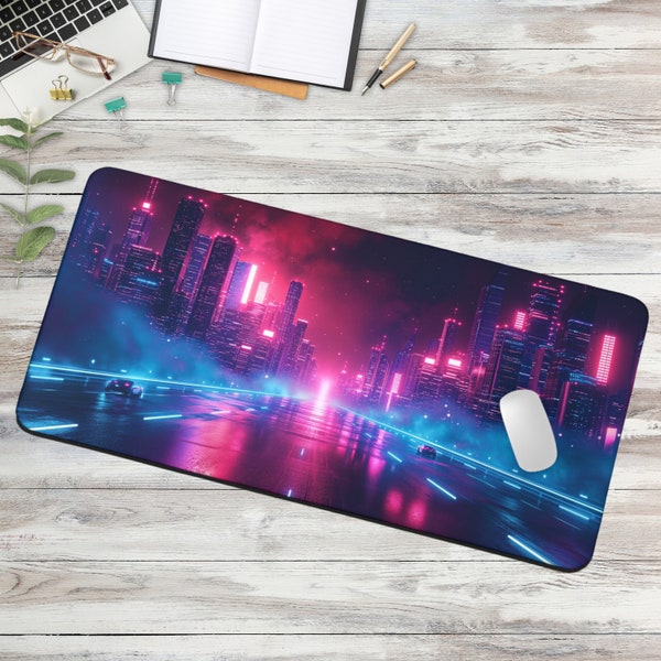 Cool Gaming Pad - Cyberpunk City Neon Desk Mat, Vaporwave Aesthetic, Synthwave Office Decor, Gamer Pad for Game Room