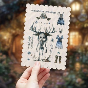 Cartolina di carta Wendigo Paperdoll, Wendi il Wendigo, carte criptiche carine e inquietanti perfette per scrapbooking e journaling
