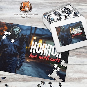 Horror & Cats Jigsaw Puzzle with Tin - Fun for All Ages, Ideal Gift for Horror Fans, Cats and Puzzle Lovers