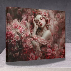 Aphrodite Goddess Canvas Print, Beautiful Greek Goddess of Love with Pink Roses, Romantic Wall Art for Valentines Day