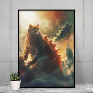 Godzilla Katzen Poster - Lustiges Catzilla Bild für Katzenliebhaber & Kaiju Fans, süßes Wanddekor Geschenkidee