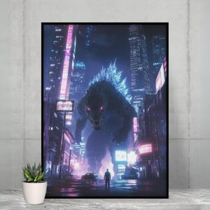 Godzilla Poster - King of Monsters Kunstdruck für Kaiju Fans, Cyberpunk City Decor, perfektes Geschenk für Horrorliebhaber