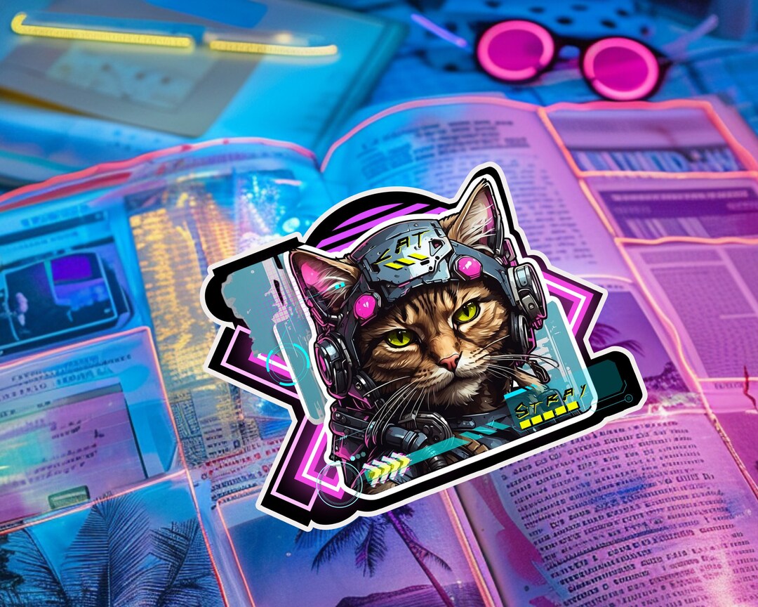 Cyberpunk Cat Art Sticker - Vibrant Futuristic Feline Vinyl Decal for ...