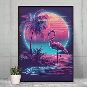 Neon Poster - Retro 80s Style Pink Flamingo Perfect Wall Art for Game Rooms and Bedrooms, Vintage Vaporwave Fan Gift