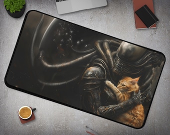 Xenomorph Alien & Jonesy Cat Gaming Desk Mat: Horror Sci-Fi Large Mousepad