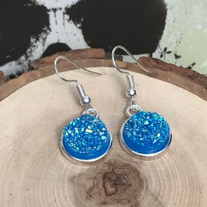 Blue Druzy, Sparkle Blue Earrings, Glittery Blue Silver Druzy