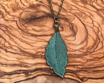 Leaf Necklace, Boho Leaf Necklace,  Patina Necklace, Layering Necklace, Bronze Green Leaf Charm Necklace