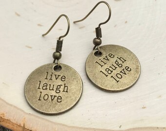 Inspirational Earrings, Live, Laugh, Love Bronze Statement Earrings, Motivational Message Jewelry