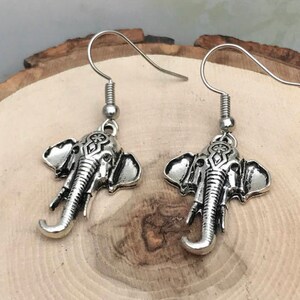 Silver Elephant Dangle and Drop Earrings, Elephant Head Earrings, Delicate Antiqued Silver Elephant Earrings