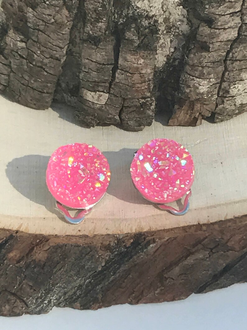 Clip On Earrings, Clip On Studs, Glittery Druzy Clip On Earrings, Glittery Lightweight Druzy Clip On Earrings, Flower Girl Clip On Earrings image 8