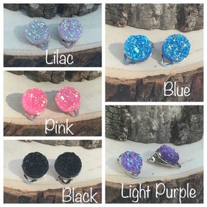 Clip On Earrings, Clip On Studs, Glittery Druzy Clip On Earrings, Glittery Lightweight Druzy Clip On Earrings, Flower Girl Clip On Earrings image 2