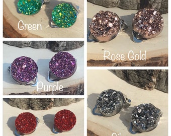 Clip On Earrings, Clip On Studs, Glittery Druzy Clip On Earrings, Glittery Lightweight Druzy Clip On Earrings, Flower Girl Clip On Earrings