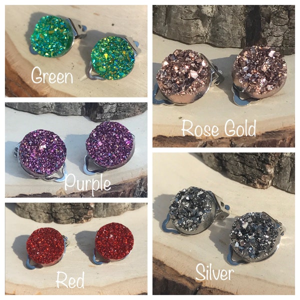 Clip On Earrings, Clip On Studs, Glittery Druzy Clip On Earrings, Glittery Lightweight Druzy Clip On Earrings, Flower Girl Clip On Earrings