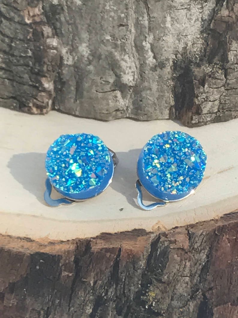 Clip On Earrings, Clip On Studs, Glittery Druzy Clip On Earrings, Glittery Lightweight Druzy Clip On Earrings, Flower Girl Clip On Earrings image 7