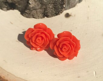 Rose Earrings, Orange Rose Earrings, Rose Studs, Flower Earrings