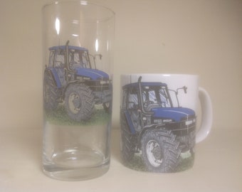 FORDSON MUG AND MATCHING TALL HIGHBALL GLASS WITH 6 DIFFERENT TRACTORS ON