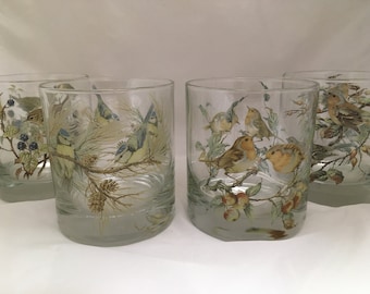 Garden Bird Designs on 4 Large Heavey Base Whisky /Spirit Glass