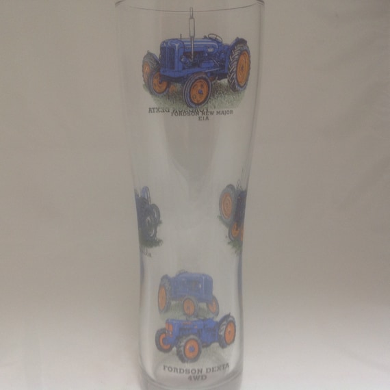 FORDSON MUG AND MATCHING TALL HIGHBALL GLASS WITH 6 DIFFERENT TRACTORS ON