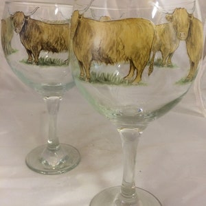 Highland Cattle Design Printed on 2 Large Gin Ballon Glasses Dishwasher Safe