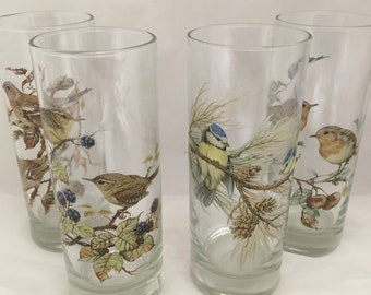 Garden Bird Designs on 4 Heavey Base Large Hi Ball Juice Cocktail Glasses