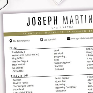 Actor Resume Template / 8 x 10 Acting Resume / Instant Digital Download / MS Word / Actor Marketing / Joseph Olive
