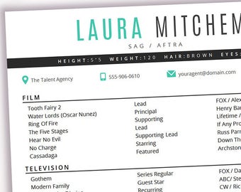 Plantilla de curriculum vitae del actor / reanudar la acción 8 x 10 / descarga Digital instantánea / MS Word / agente de Marketing / Laura Teal2