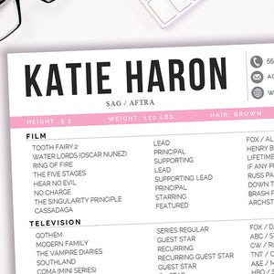 Actor Resume Template / 8 x 10 Acting Resume / Instant Digital Download / MS Word / Actor Marketing / Katie Pink