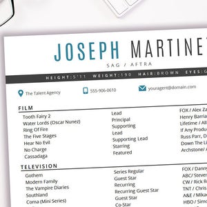 Actor Resume Template / 8 x 10 Acting Resume / Instant Digital Download / MS Word / Actor Marketing / Joseph Blue2