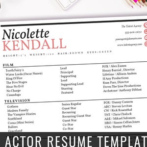 Actor Resume Template / 8 x 10 Acting Resume / Instant Digital Download / MS Word / Actor Marketing / Nicolette Salmon