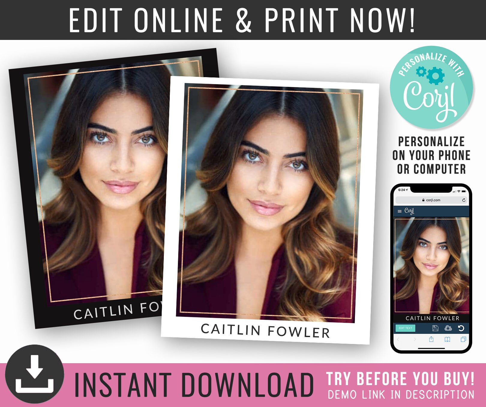 Rose Gold Frame | Acting Headshot Template | 8x10 Headshot Template | Actor Headshot Design | Professional Headshots Template