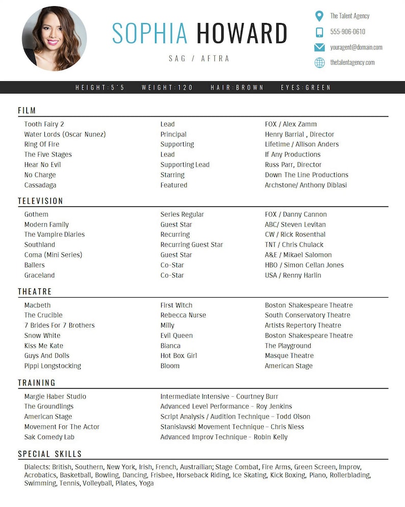 Plantilla de curriculum vitae del actor / reanudar la acción 8 Etsy