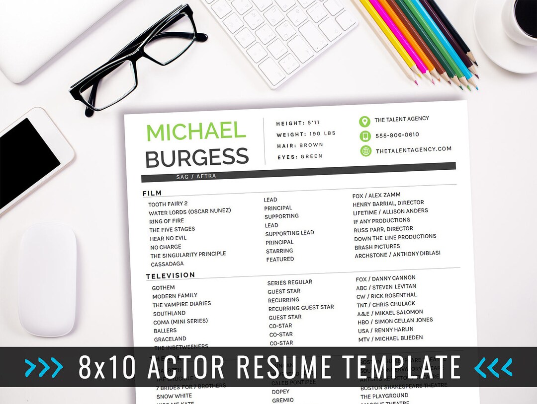 Actor Resume Template / 8 X 10 Acting Resume / Instant Digital Download ...