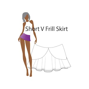 Op de afbeelding: Een lijntekening van een kort V-vormig rokje met ruches. Het rokje is wit en heeft een gerimpelde zoom. De tekst "Short V Frill Skirt" staat boven het rokje.