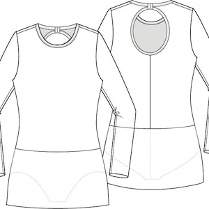 Peut inclure: Une blouse médicale blanche à manches longues avec une ouverture en forme de trou de serrure dans le dos. La blouse a un col rond et une silhouette ajustée.