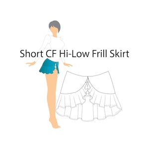 May include: A line drawing of a skirt with a high-low hemline and frills. The skirt is labeled "Short CF Hi-Low Frill Skirt".