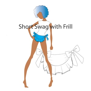 Può includere: Un'illustrazione di moda di una donna che indossa una canotta bianca e una gonna blu con balze. La gonna è legata in vita con un fiocco. Il testo "Short Swag with Frill" è scritto sopra l'illustrazione.