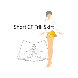 May include: A short, white, frilly skirt with a ruffled hem. The skirt is shown on a model wearing a white top and a yellow skirt.