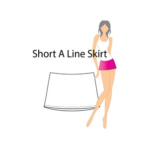 Könnte beinhalten: Ein weißer, kurzer A-Linien-Rock mit schwarzer Umrandung, neben einer stilisierten Illustration einer Person, die ein weißes Tanktop und einen pinkfarbenen A-Linien-Rock trägt. Der Text "Short A Line Skirt" steht über dem Rock.
