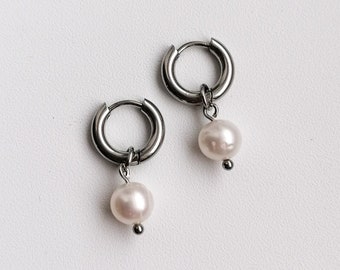 Small silver pearl hoops, freshwater pearl charm earrings, stainless steel hoop earrings