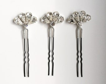 Fan shape crystal hair pins, art deco bridal silver hair piece, wedding bridesmaids hair accessory, hair pin set