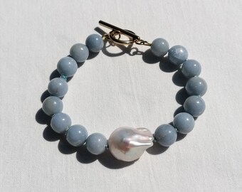 Angelite & Baroque Pearl Bracelet: Chunky Gemstone T-Bar Jewelry