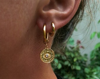 Pendientes de aro con monedas de oro, pendientes colgantes de ojo turco, pendientes de aro con dijes