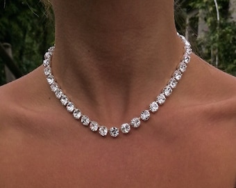 Collana di strass in argento, scintillante girocollo da tennis, collana da sposa con colletto in cristallo trasparente, regalo di Natale per lei